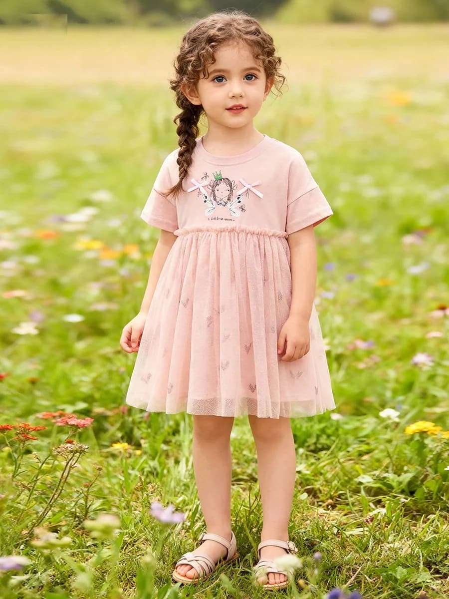 Abito estivo in cotone stampato con scollo a O e maniche corte in tulle patchwork per bambine, gonna principessa in garza, completo per bambini 2-7 anni