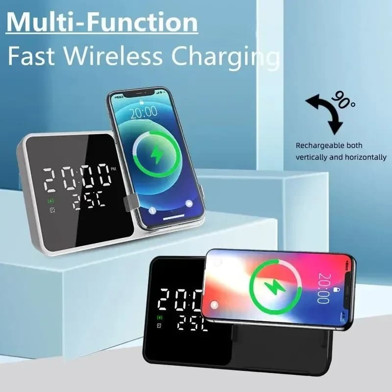 Wireless Charger Pad Stand with Alarm Clock Thermometer for iPhone 14 13 12 11 X Xiaomi Samsung 15W Phone Fast Charging Station