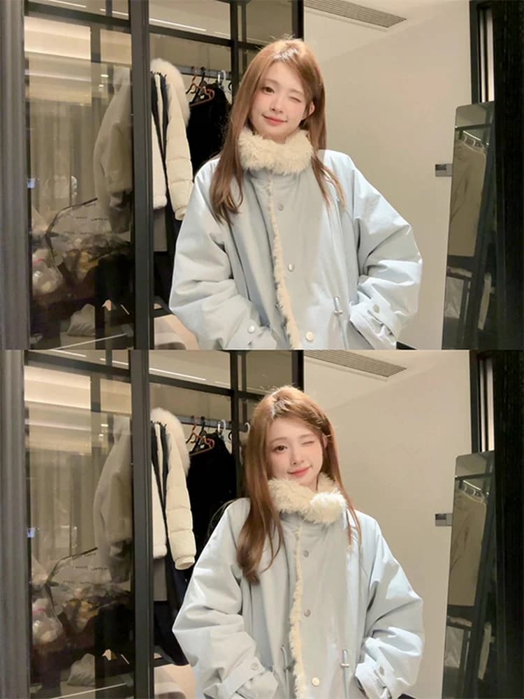 2025 Winter Thickened Cotton Jacket Short Warm Outerwear Light Blue Korean Style Commute Loose Fit Women's Coat