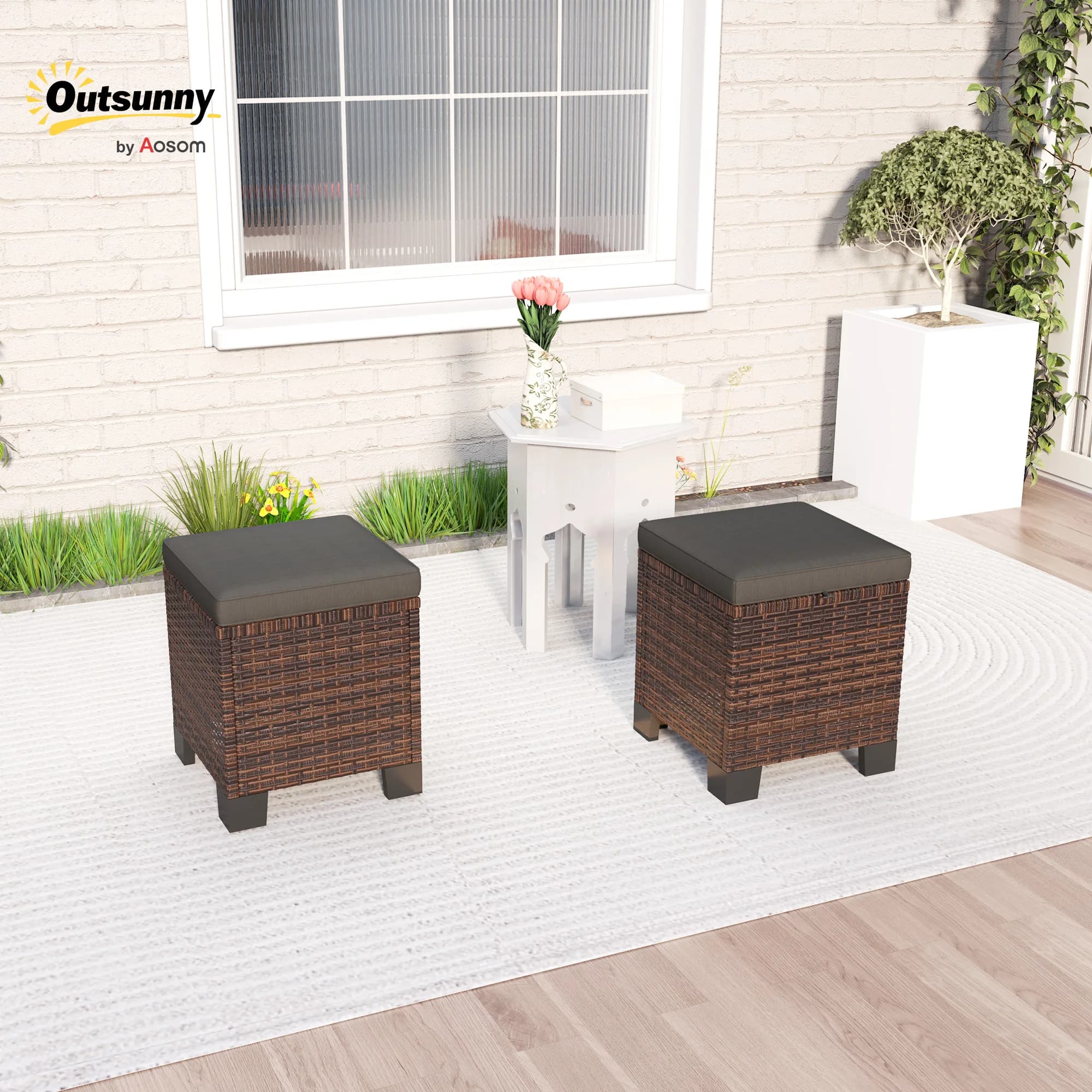 Wicker Outdoor Ottoman Footstool Set of 2 with Cushions, Gray