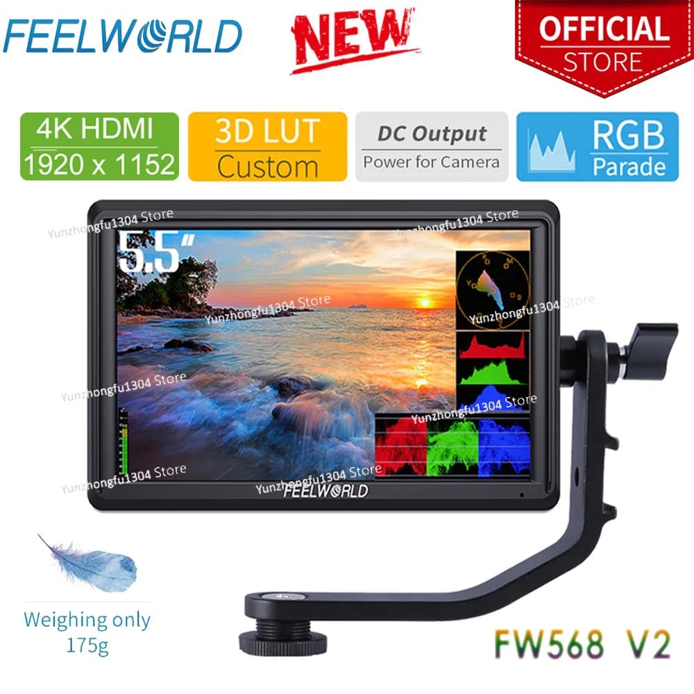 FEELWORLD FW568 V2 Monitor da campo per fotocamera DSLR LUT 3D da 5,5 pollici IPS Full HD1920x1152 Supporto uscita HDMI con braccio inclinabile per giunto cardanico