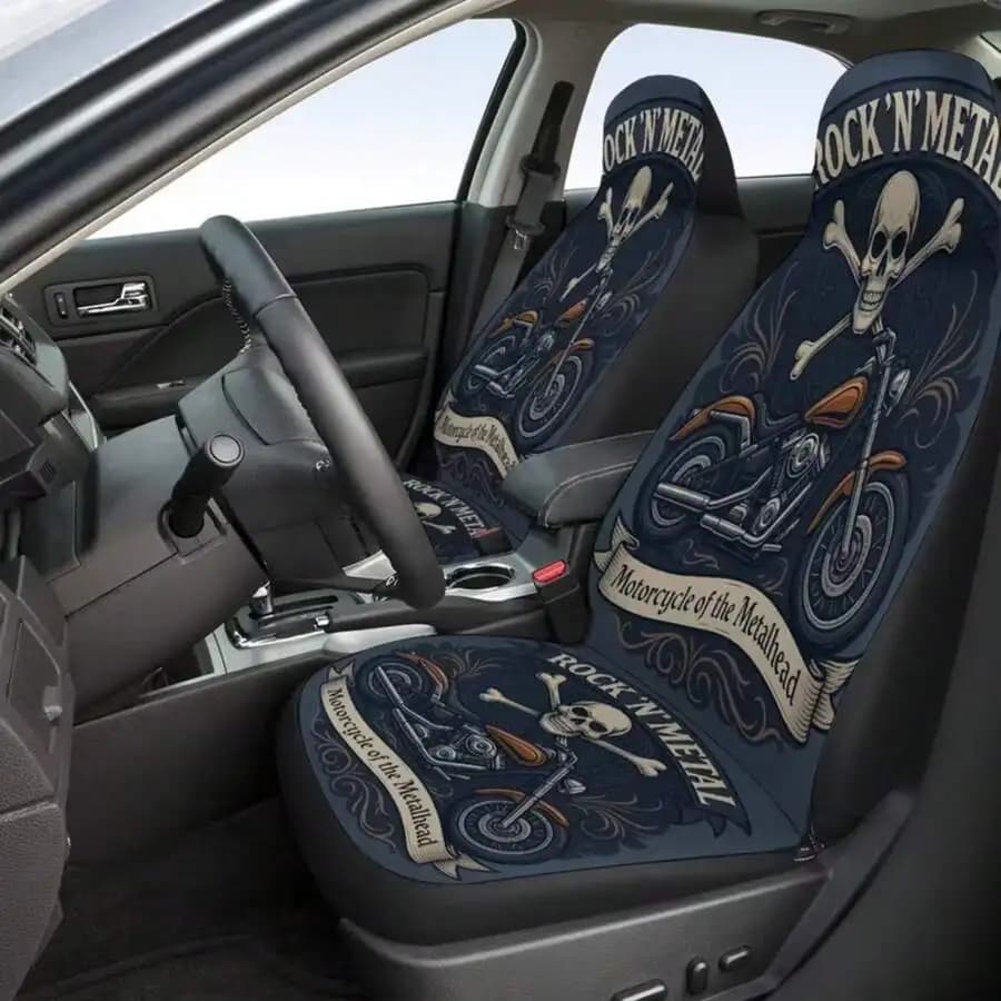 Rock N Metal Skull Motorcycle Car Seat Covers Universal Front Seat Cushion Set For Cars SUVs Trucks