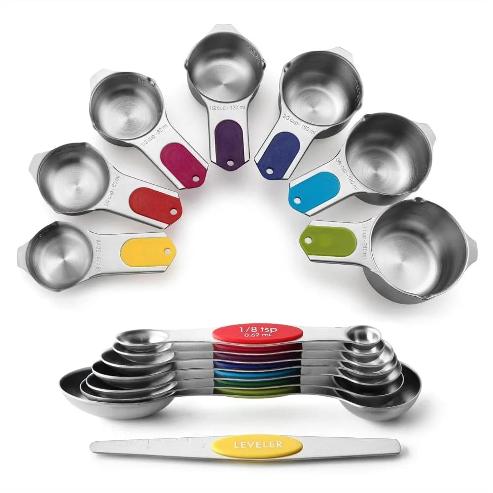 Set di 15 Tazze e Cucchiai Magnetici per Misurare con Livellatore, in Acciaio Inossidabile Resistente, Adatti per Barattoli di Spezie, Senza BPA