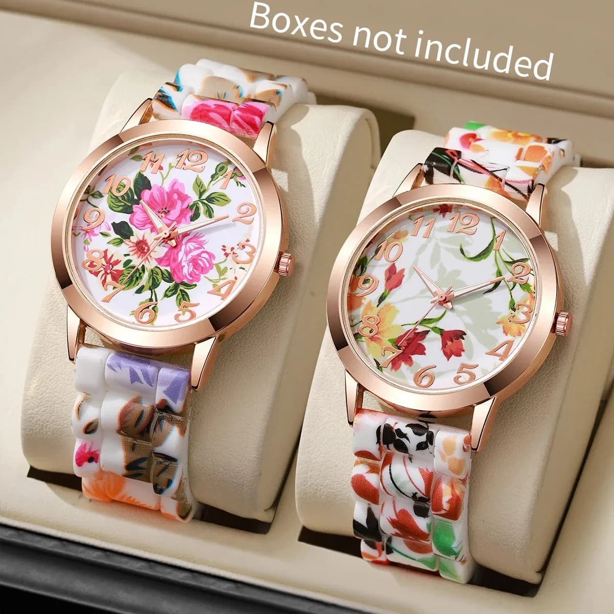 2PCS Fashion Flower Printed Women Watches Casual Silicone Band Quartz Watch Clock Reloj Mujer（Without Box）