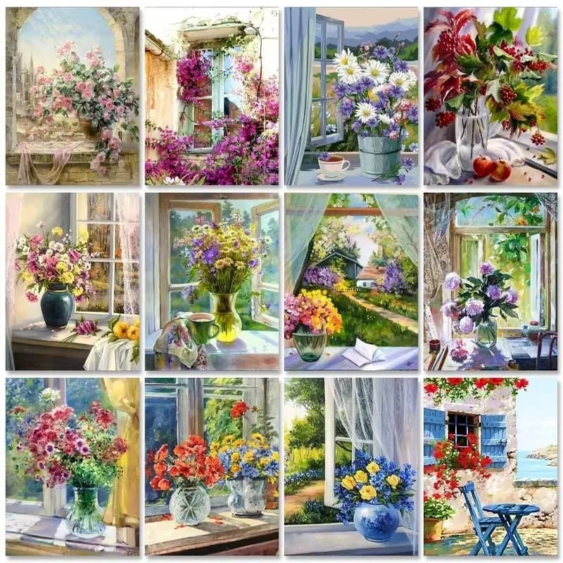 Diamond Painting Window Flowe Mosaic Handmade Artwork Full Round/Square Diamonds For Beginners Exquisite Gift Home Decor