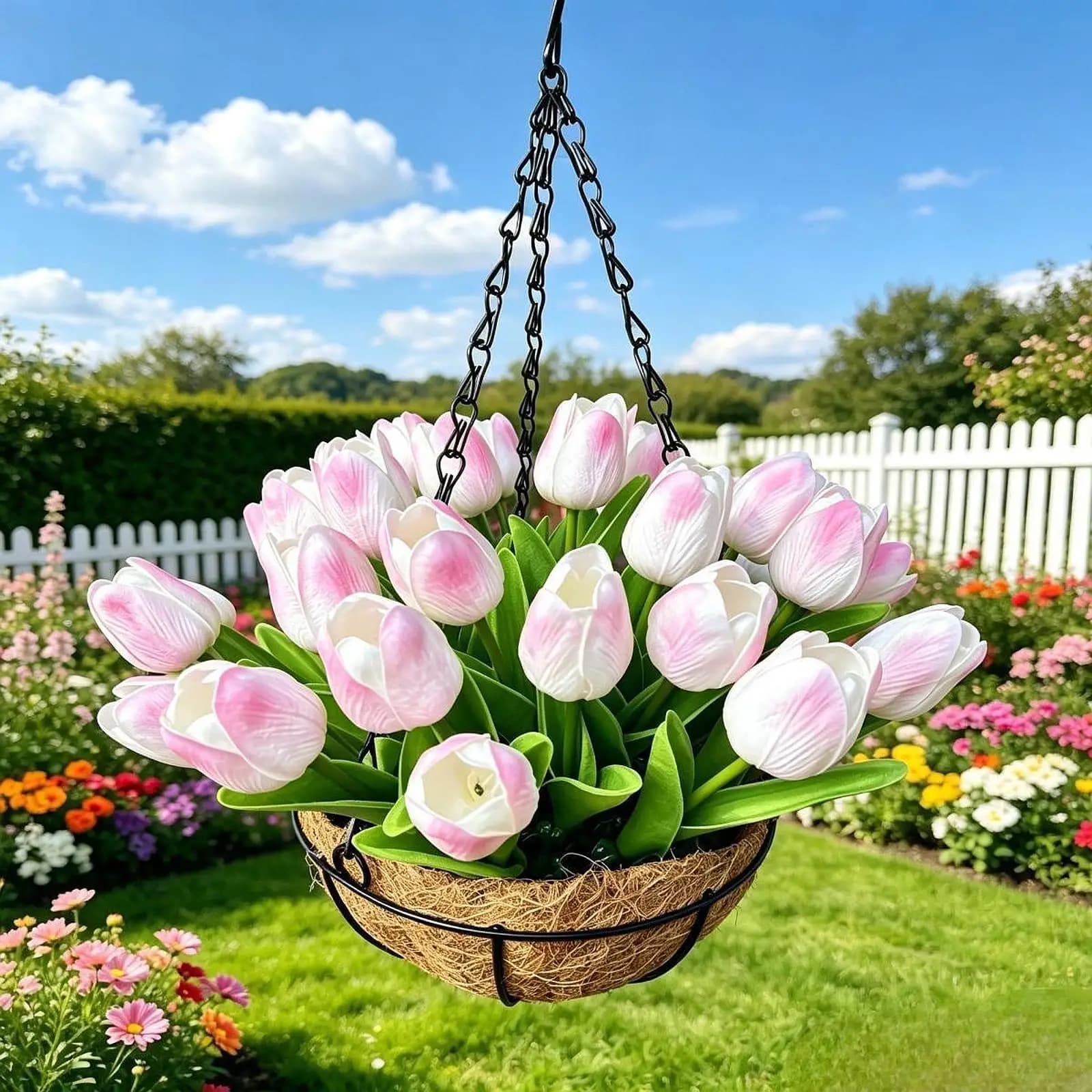 Artificial Hanging Flowers with Basket Easy to Hang Decor Chain Flower Pot Fake Plants in Pot Planter for Home Porch Summer Deck
