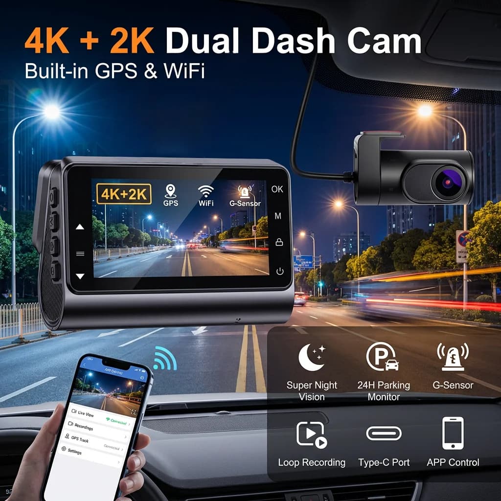 Dash Cam 4K con GPS, WiFi, Visione Notturna, Doppia Lente, Telecamera Posteriore 2K, G-Sensor, Registrazione in Loop, Monitoraggio Parcheggio 24H, Registratore Video