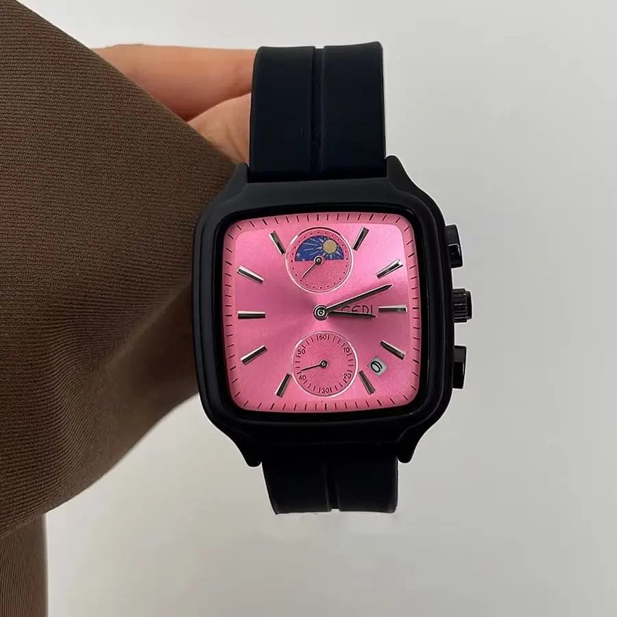 Multi-Function Women Watch Black Silicone Strap Sun Square Moon Phase Dial Quartz Wristwatch Waterproof Casual Ladies Clock Gift