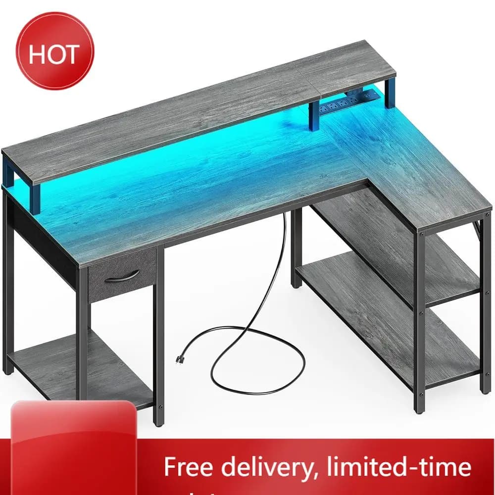 L gray Promotion47 desk with LED lighting, power sockets and support for home office and gaming monitor