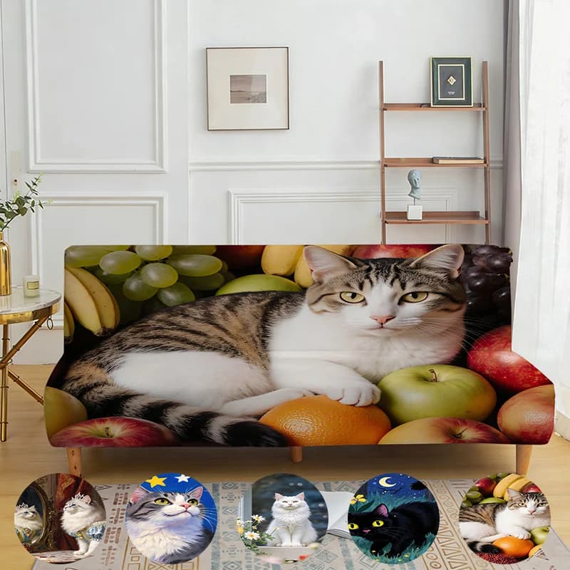 Elegant and cute orange cat daisy flower print folding sofa cover, elastic washable sofa protective cover