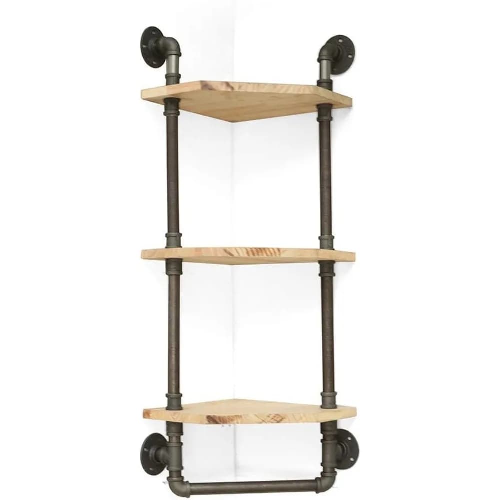 Mensola per tubi industriale, mensole angolari rustiche con portasciugamani, mensole da bagno montate a parete, metallo a 3 livelli e vero legno, decorazioni per la casa Fl