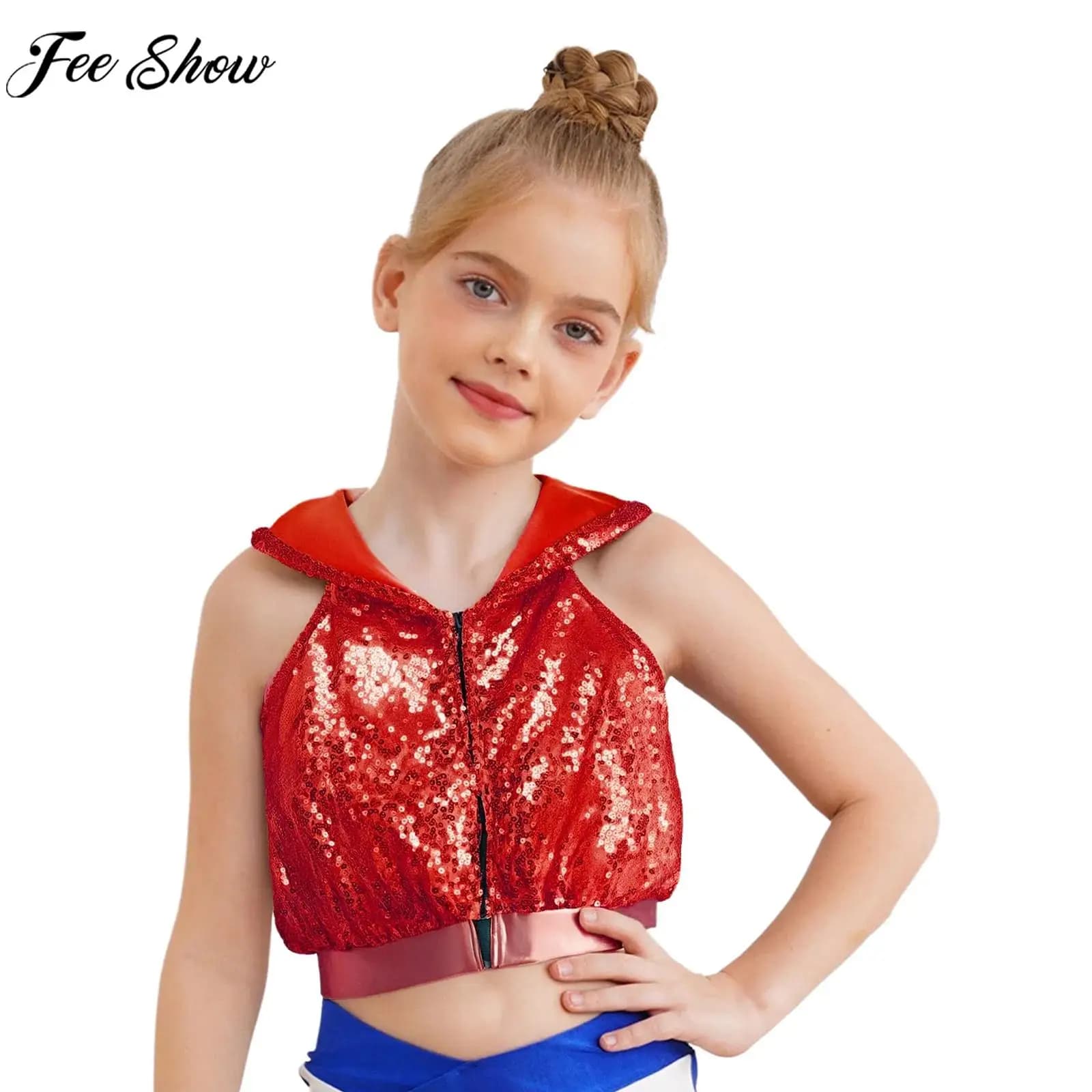 Costume da ballo di strada jazz hip-hop per bambina, senza maniche, senza schienale, con cerniera, paillettes, gilet con cappuccio, top corto, festa scolastica, abbigliamento da ballo