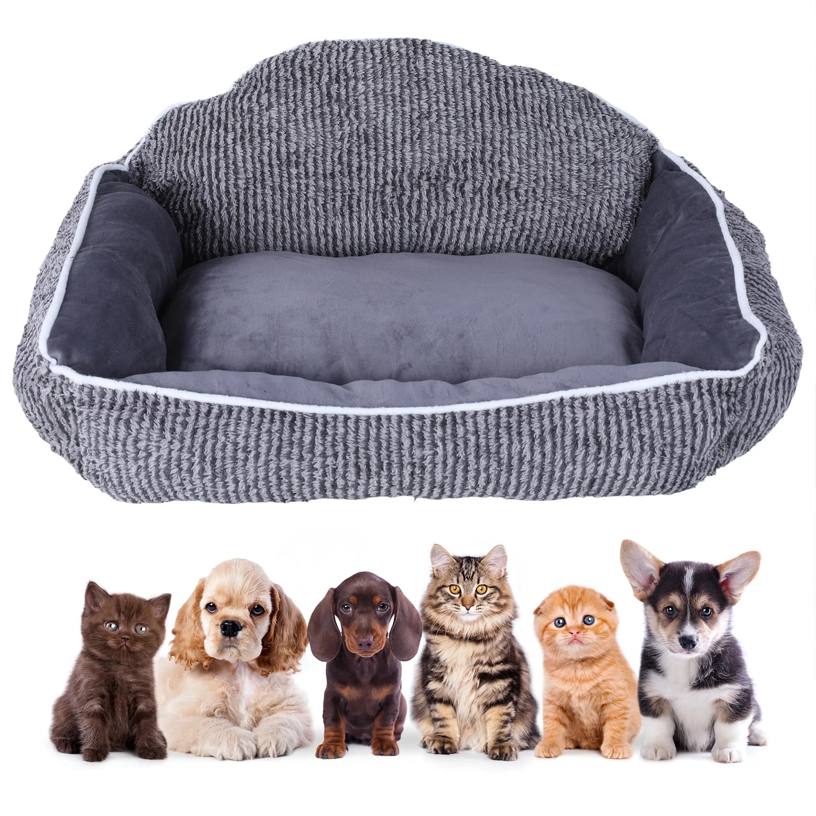 Cuccia a grotta semicircolare a strisce per cani, design a conchiglia, cuscino in peluche lavabile in lavatrice per gatti e cani, per dormire all'interno