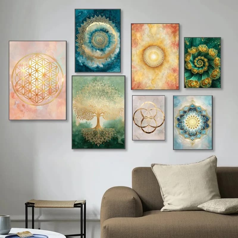 Stampa Boho di Geometria Sacra, Corona Viola, Chakra, Fiore della Vita, Seme della Vita, Galassia, Mandala, Arte Murale Spirituale, Decorazione per Yoga e Meditazione