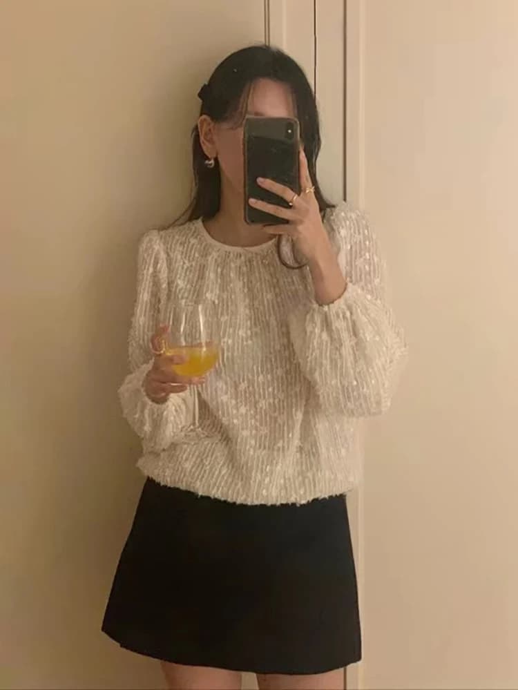 Camicia Casual Primaverile 2024 con Collo Rotondo e Maniche a Palloncino, Blusa in Pizzo Oversize in Fibra di Poliestere, Stile Commute Corto