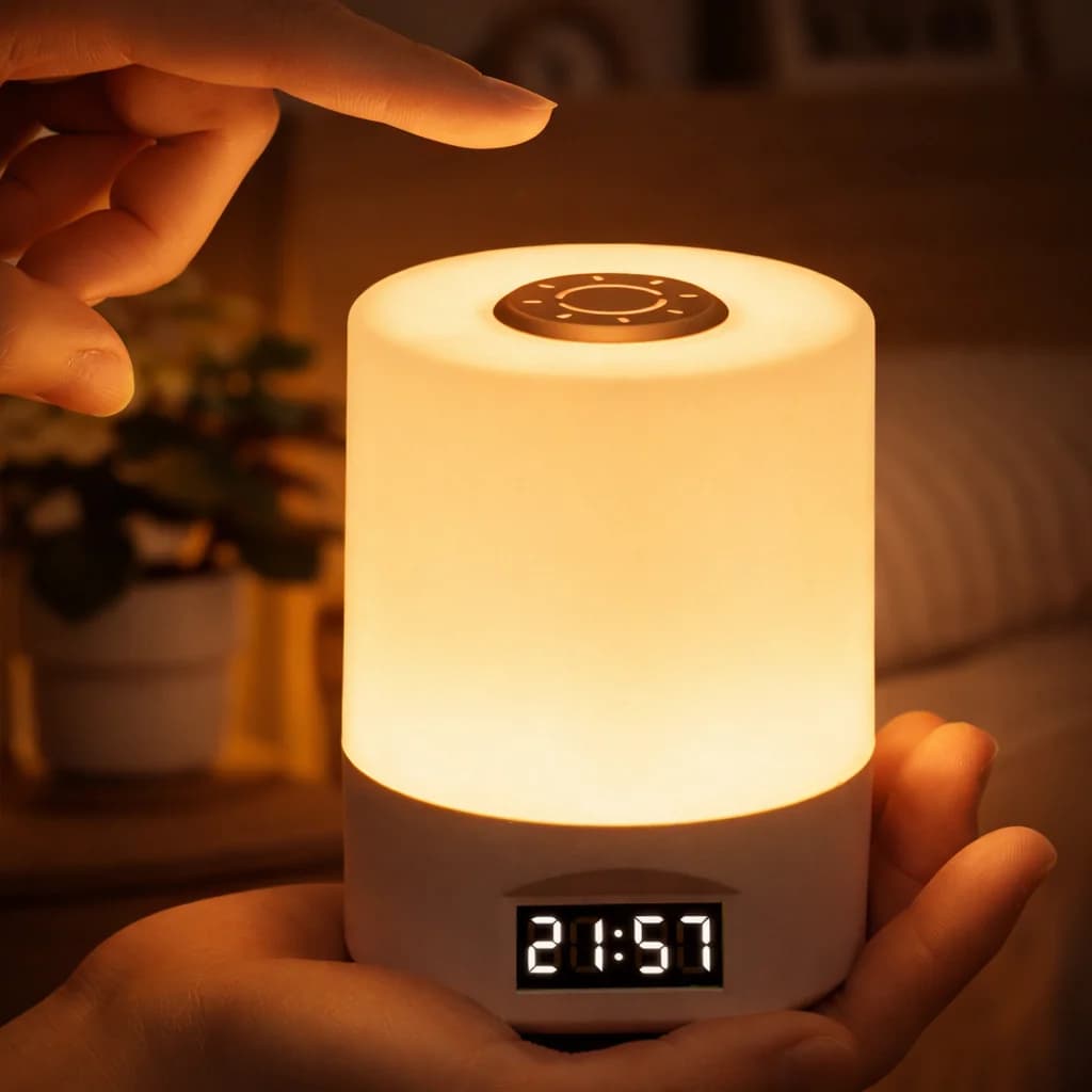 Lampada da Comodino con Controllo Touch e Orologio Digitale, Luce LED Bianca Calda per Camera da Letto, Illuminazione Ambientale, Arredamento Moderno