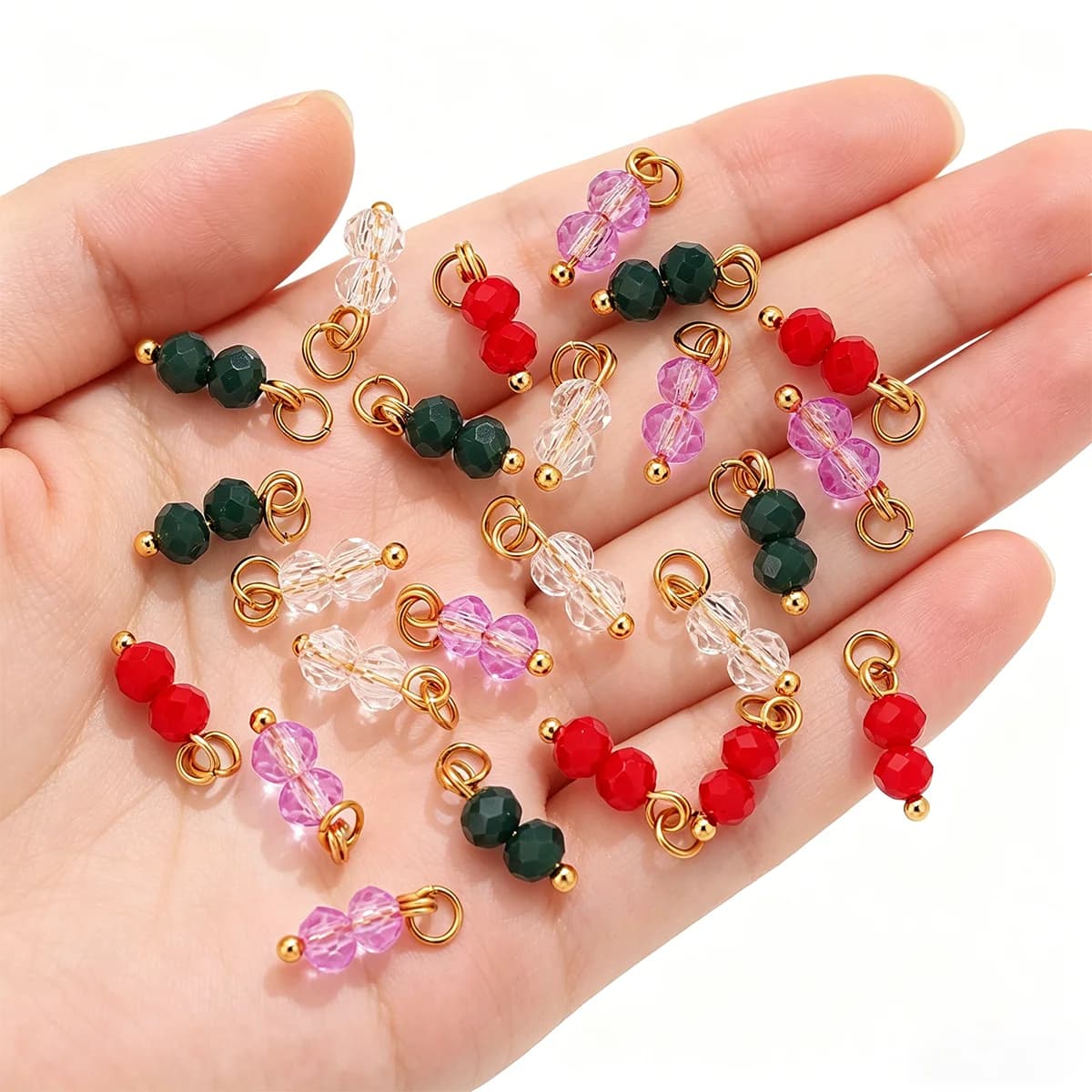 10 Pezzi Charm in Acciaio Inox con Doppia Perla di Cristallo Colorato per Orecchini, Collane e Bracciali Fai-da-Te