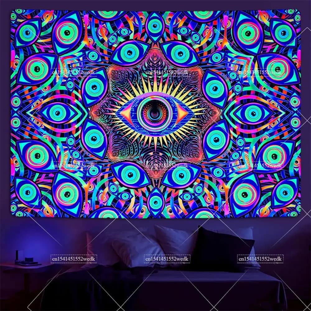 Blacklight Eyes Tapestry Boho Mandala Black Light Tapestries Hippie UV Reactive Wall Tapestry Trippy Abstract Tapestry For Room