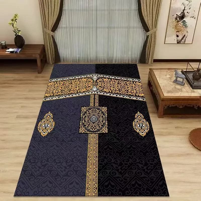 Tappetino da preghiera islamico Mecca Kaaba Tappeto con motivo arabeschio blu oro per culto musulmano Tappeti per la decorazione della casa Soggiorno