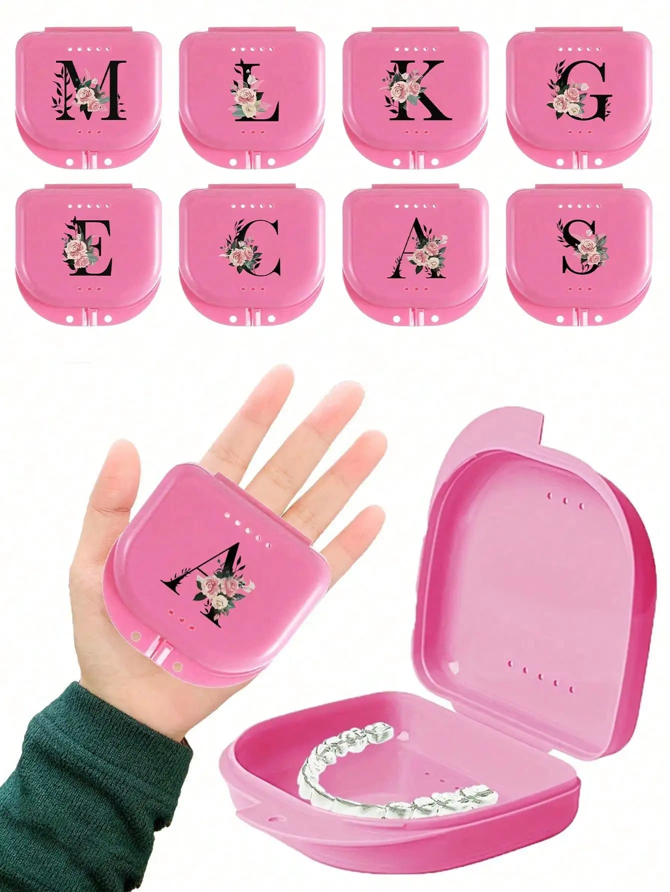 Scatola portaoggetti rosa per retainer ortodontico dentale con lettere A-Z, decorazione floreale, contenitore per paradenti, custodia per protesi, scatola ventilata per apparecchi ortodontici, scatola per retainer, scatola portaoggetti dentale, scatola per protesi, facile da usare, comoda da trasportare
