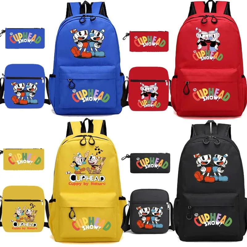 New 3pcs/Set Popular Novelty Game Cuphead Show Print Pupil School Bags Laptop Daypack Backpack Inclined Shoulder Bag Pencil Case