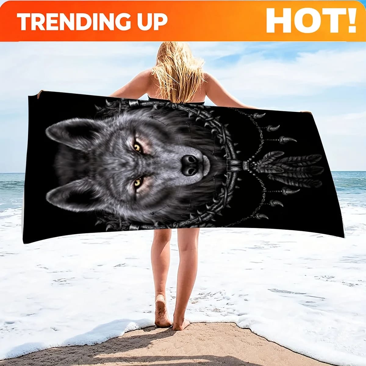 Customize Wolf Head Dreamcatcher Pattern Seaside Summer Microfiber Beach Towel Bath Towel