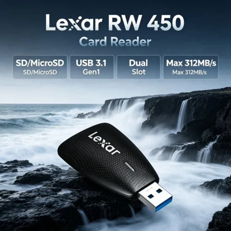 Lexar RW450 2-in-1 Memory Card Reader USB 3.0 Type A UHS-II SDXC MicroSDXC Card Adapter 312MB/s Fast Transfer for Camera Card
