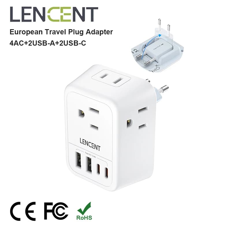 Sencent US to EU adattatore da viaggio spina di alimentazione pieghevole di tipo C internazionale con 4 prese + 2usb-a + 2usb-C 5V/3A viaggi europei