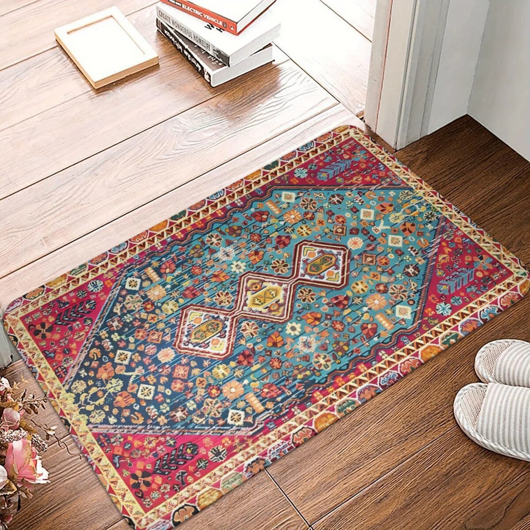 Tappeto Rettangolare con Motivo Floreale Geometrico Tradizionale in Rosso e Verde Acqua, Tappeto in Poliestere Intrecciato per Arredamento Interno