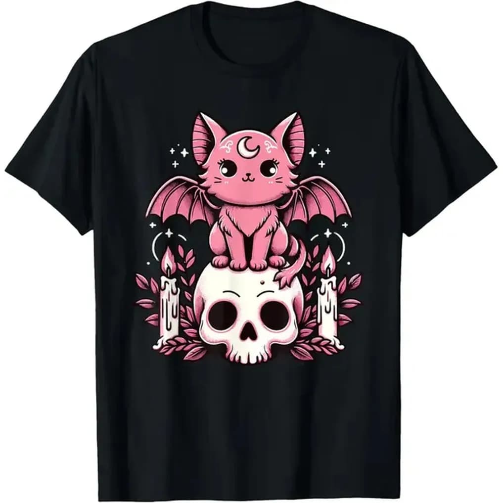Menswear Streetwear Cotton Round Neck Short-Sleeve Casual Everyday Top - Kawaii Pastel Goth Cute Creepy Cat Bat Skeleton Design, Casual Everyday Wear, Tshirt