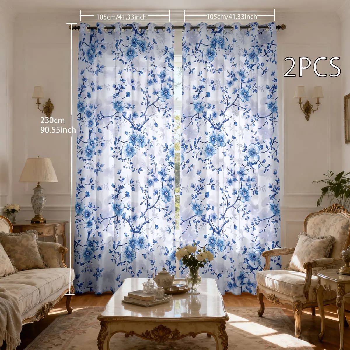 90g Double Opening Curtain Blue Watercolor Floral Print Blackout Curtain for Living Room Bedroom