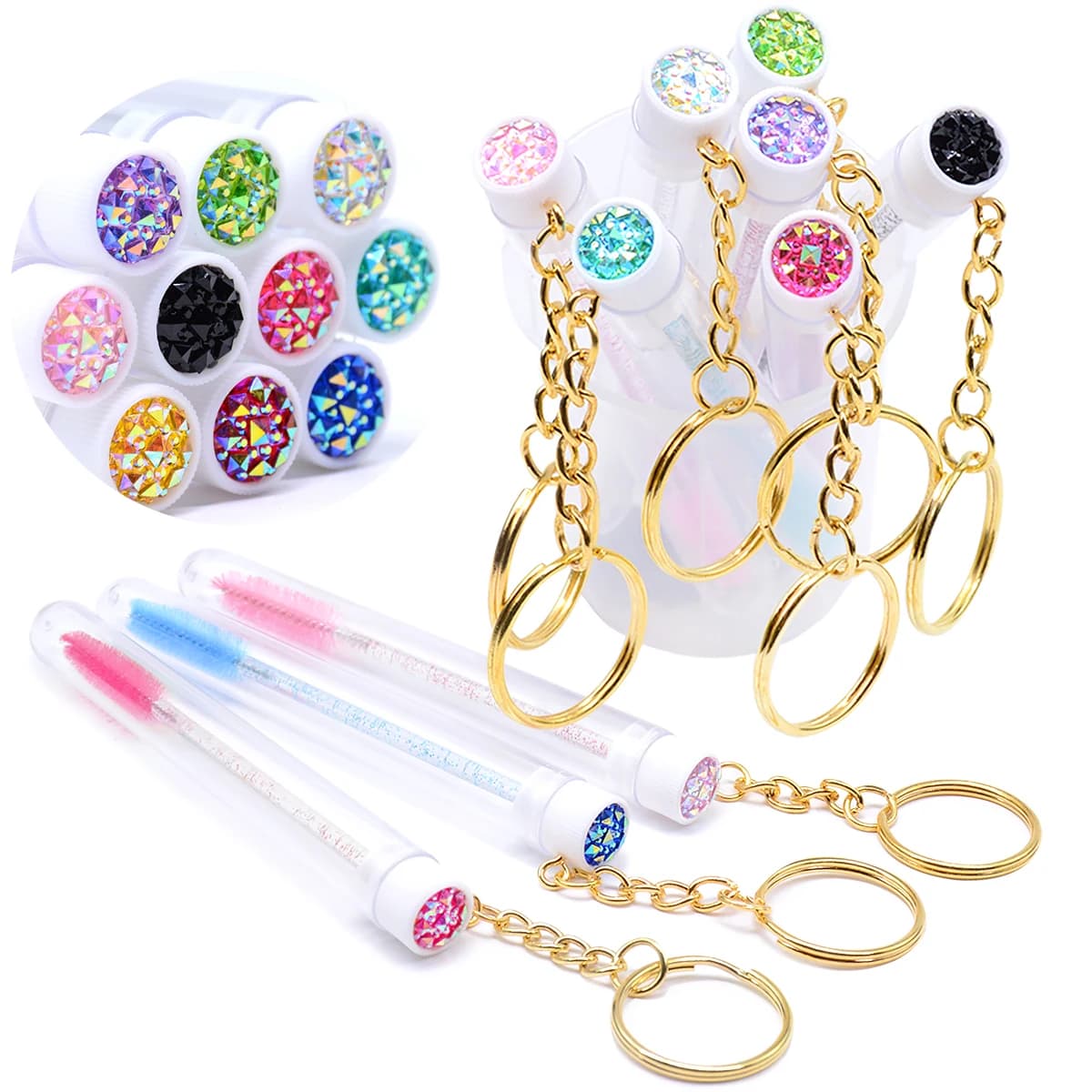 2-piece disposable eyelash sticks with key rings, reusable eyelash spools, dust cover brushes