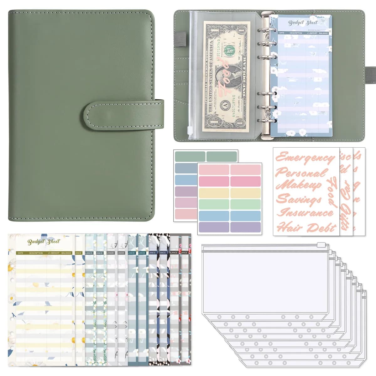 Agenda A6 serie Smog, organizer per budget con copertina a 6 anelli, 8 tasche e 12 fogli per la gestione delle spese.