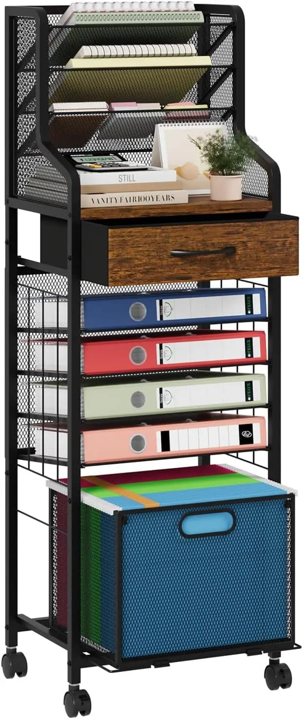 Carrello Portadocumenti a 10 Ripiani con Cassetto e Cartelle Appendibili, Ruote Bloccabili, per Ufficio, Casa, Scuola, Colore Espresso
