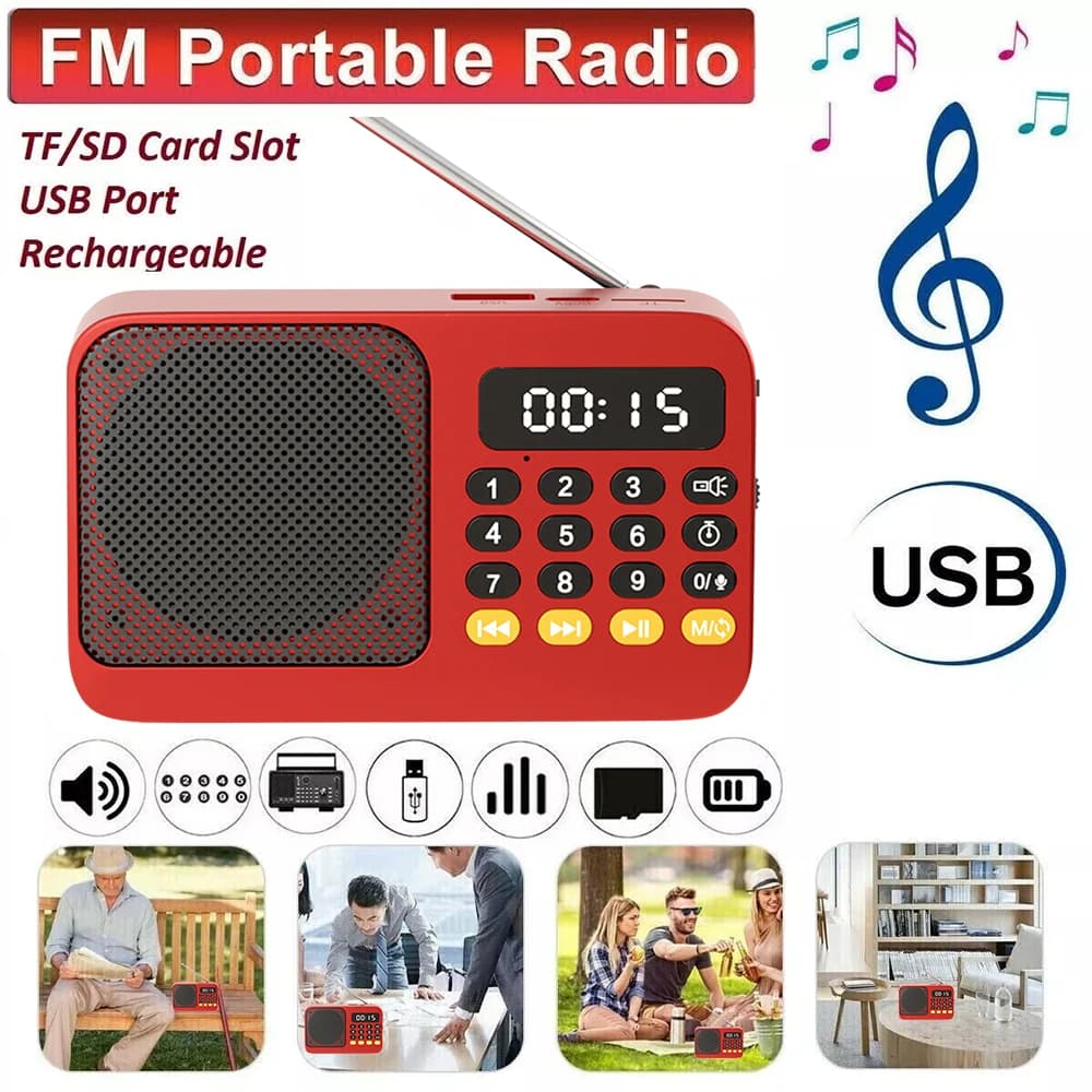 Bluetooth 5.0 Portable FM Radio Small Rechargeable Emergency Resonance Case Mini Vintage Speaker Mp3 Card Support USB Drive