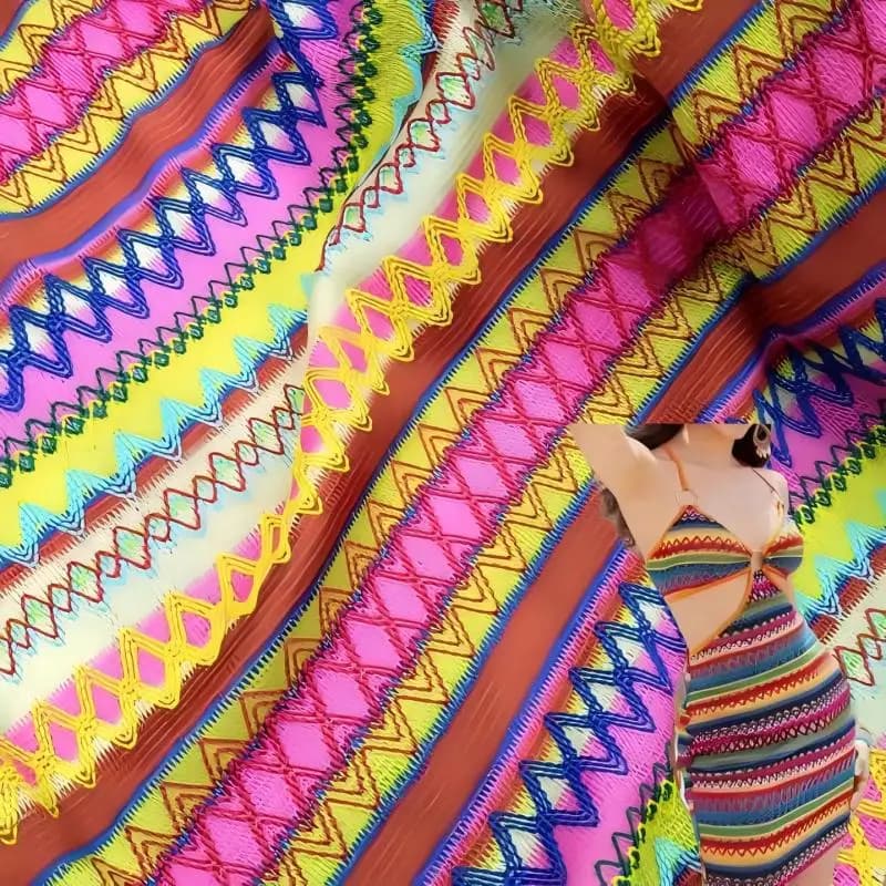 Nuovo poliestere Spandex elastico strutturato gancio di pizzo tessuto all'uncinetto striscia arcobaleno abito etnico abbigliamento accessori fai da te fatti a mano