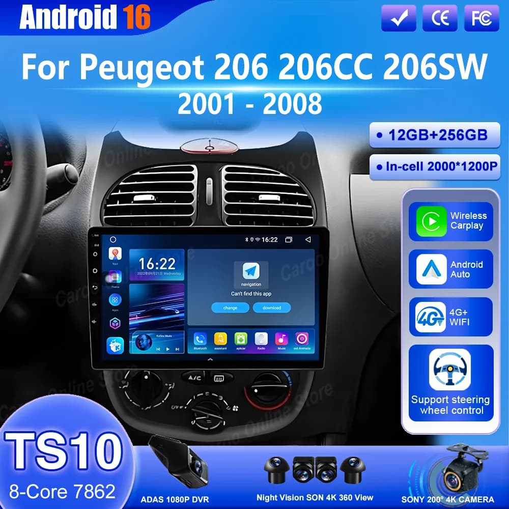 Android 16 Carplay For Peugeot 206 206CC 206SW 2001-2008 Auto DVD Multimedia Radio Stereo GPS Navigation Bluetooth 4G WIFI