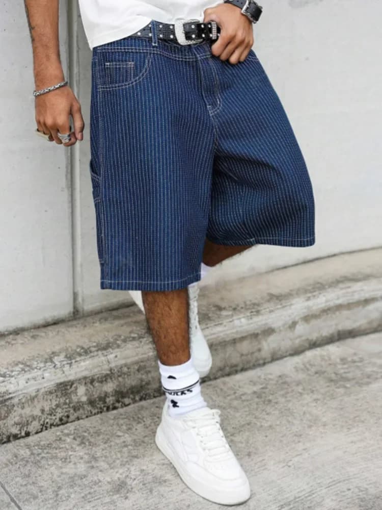 Pantaloncini in denim vintage a righe Hickory da uomo, stile Amekaji Workwear, 5 pollici, streetwear estivo