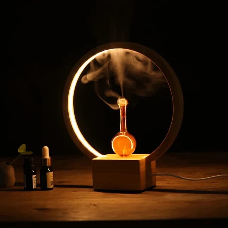 Circular LED Light, Wooden Base Decoration, Fragrance Diffuser, Waterless Glass Cold Fragrance Analyzer for Home Hotel Office