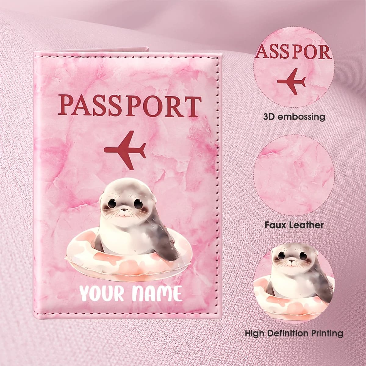 Personalized Name Custom Cute Seal Illustration Design Passport Holder, Cute Marine Animal Pattern Presents Warm Healing Style