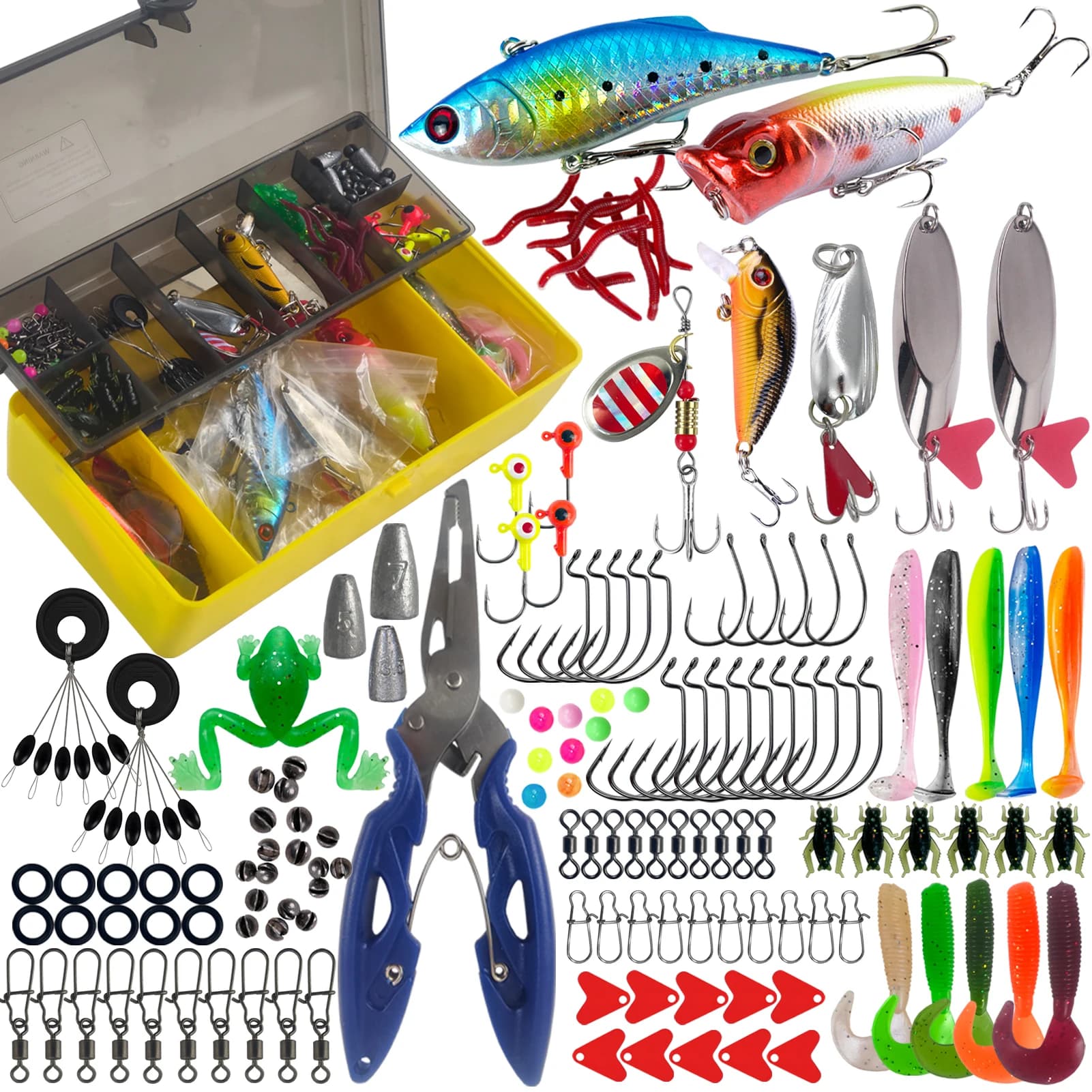 FREE FISHER 145pcs Fishing Tackle Box,Fishing Lures Kit,VIB Minnow Popper,Soft Worm,Fishing Pliers Spinnerbait Hooks Accessories