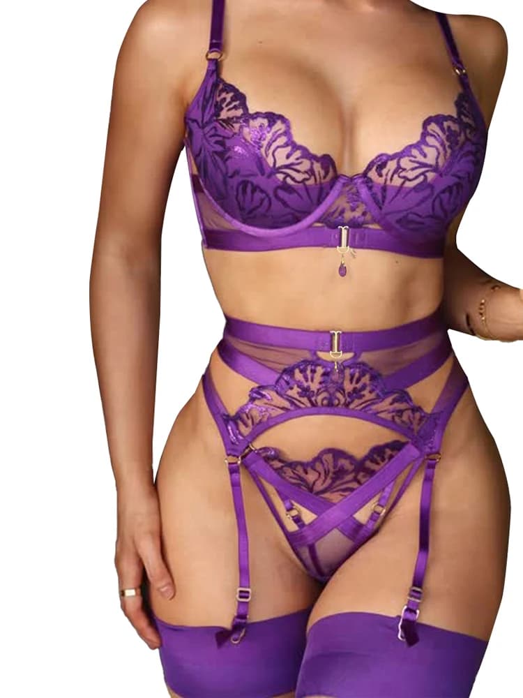 Women Luxury Embroidered Purple See‑Through 4Pcs Lingerie Suit Slim Shaping Sexy Costume With Thigh High Stockings Clubwear