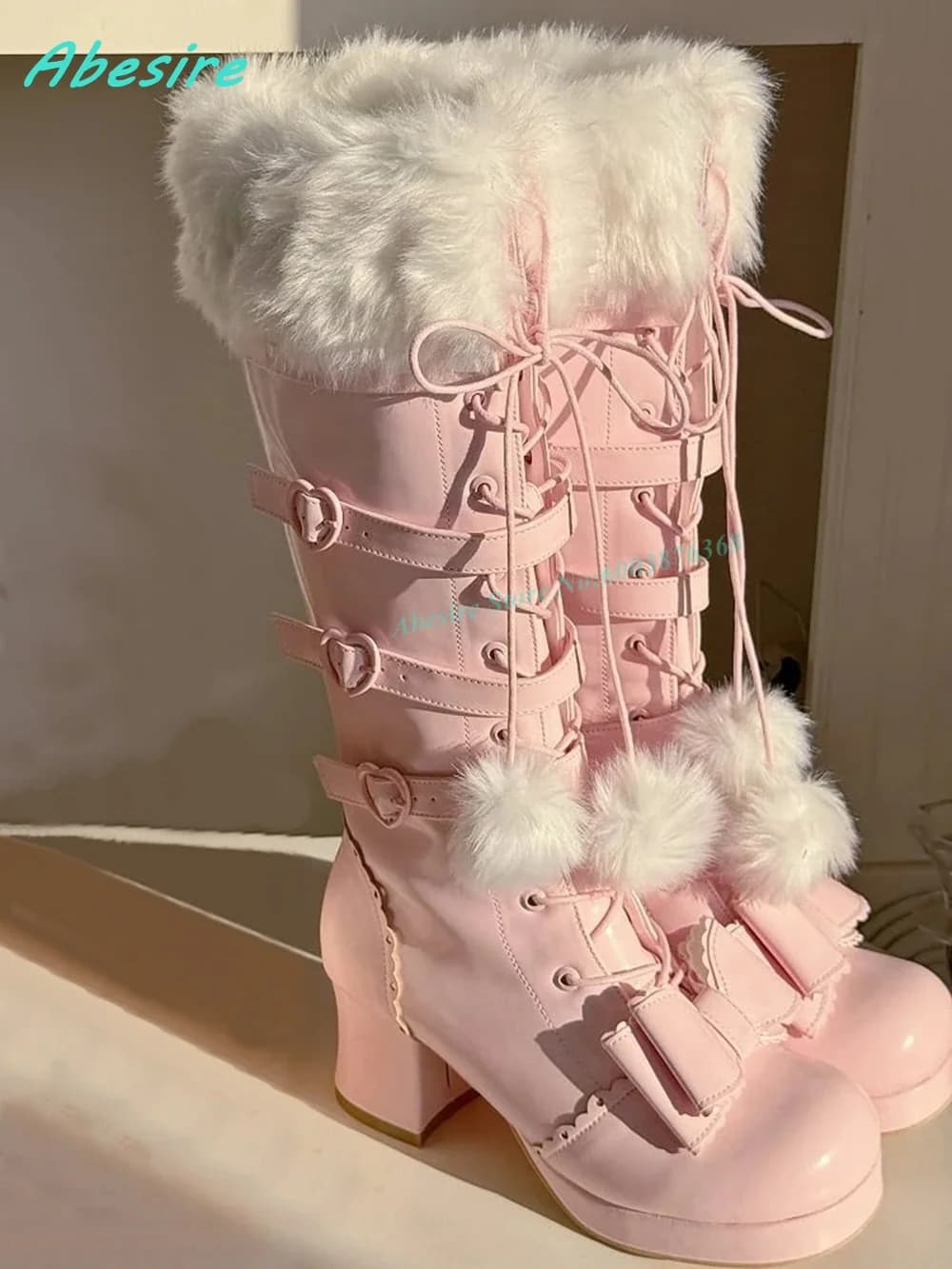 Stivali alti fino al ginocchio in pelle marrone con pelliccia soffice, punta tonda, con lacci e tacco grosso, stivali da donna Sweet Lolita, scarpe invernali alla moda.