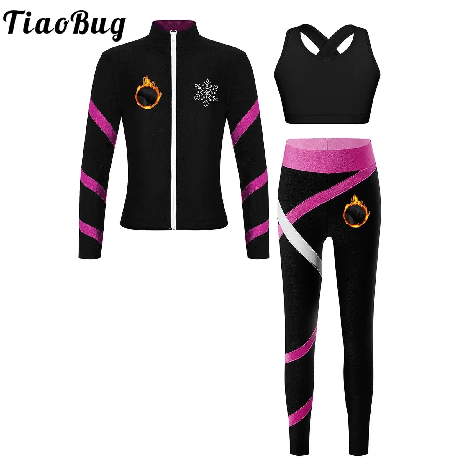 Tuta sportiva da ginnastica per pattinaggio di figura per bambina, giacca a maniche lunghe con cerniera e gilet, leggings, allenamento, yoga, fitness