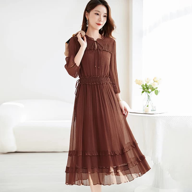 Watercolor Belle Light Luxury Silk Dress - Scalloped Detailing, Tie-Waist, Slimming Fit, Elegant Midi Length Ladies Dress