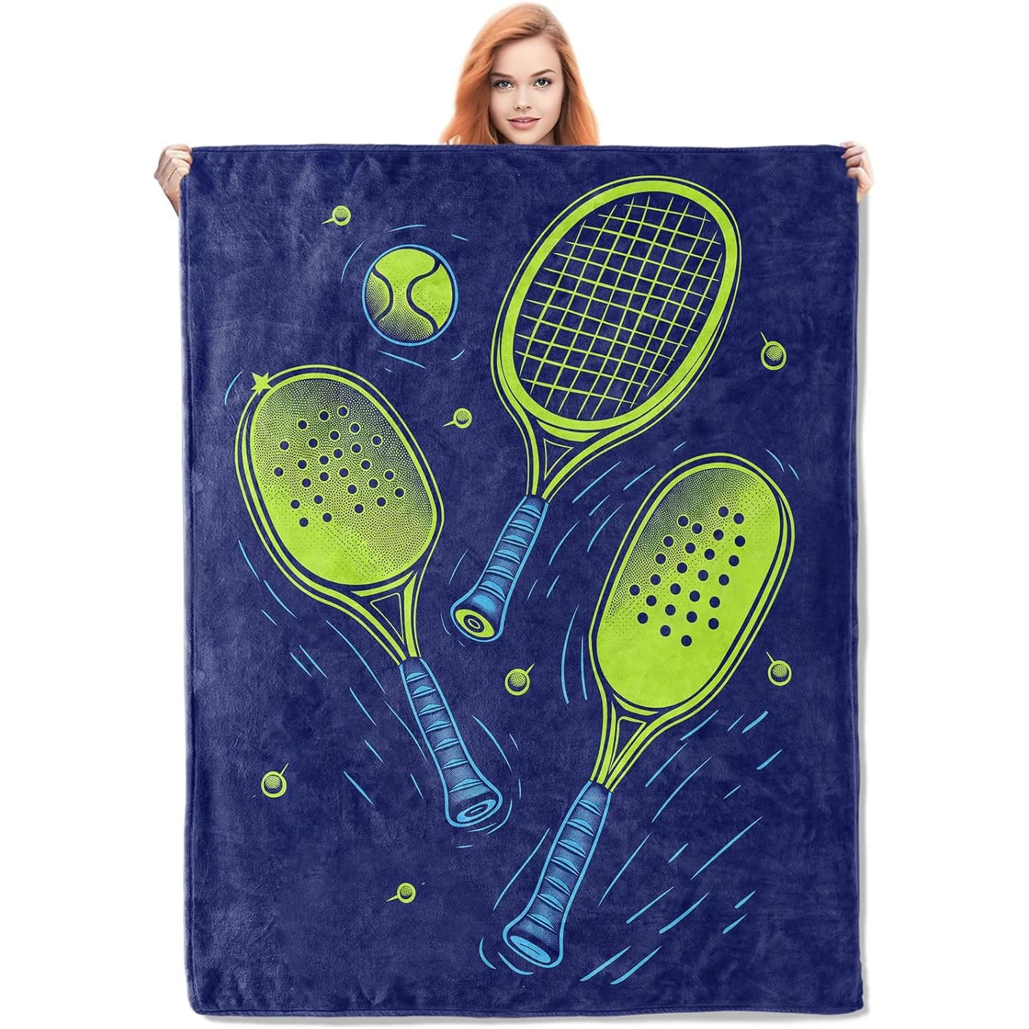Gifts for tennis rackets, soft and cosy fleece blanket with tennis racket and ball print, for tennis players and sports enthusiasts