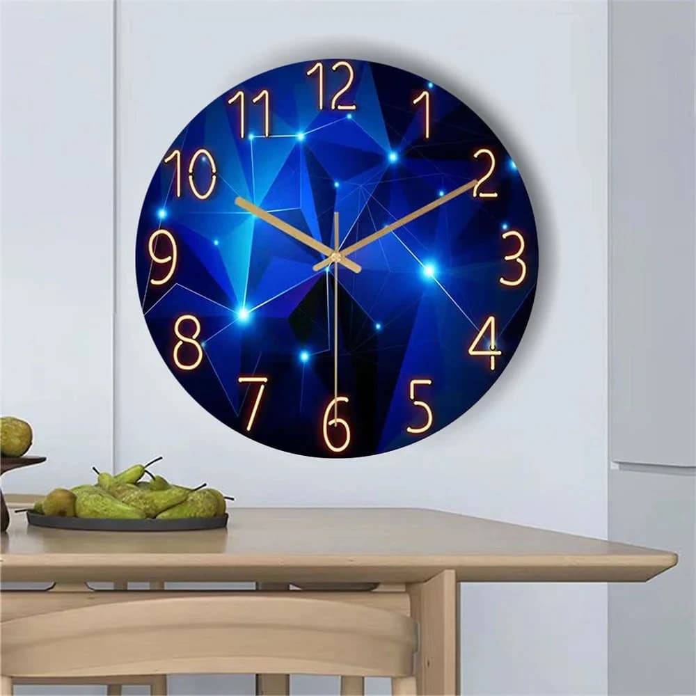 Wall Clock 12 Inch with Geometric Elements, Dark Blue Tempered Glass, Silent Quartz Movement, Living Room Decoration, Gift