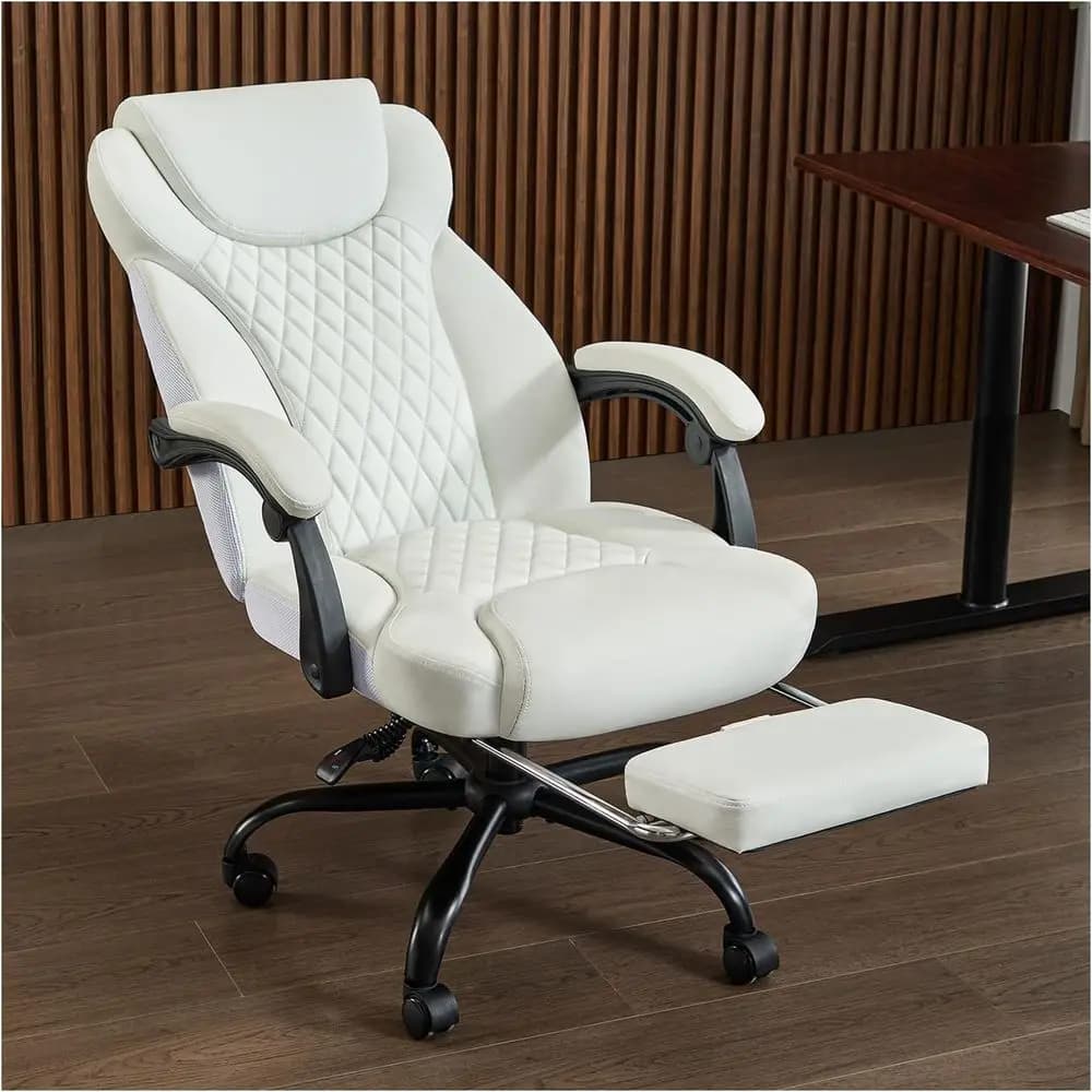 Sedia da Ufficio Ergonomica in Pelle con Schienale Alto, Poggiapiedi e Supporto Lombare per Home Office (Bianca)