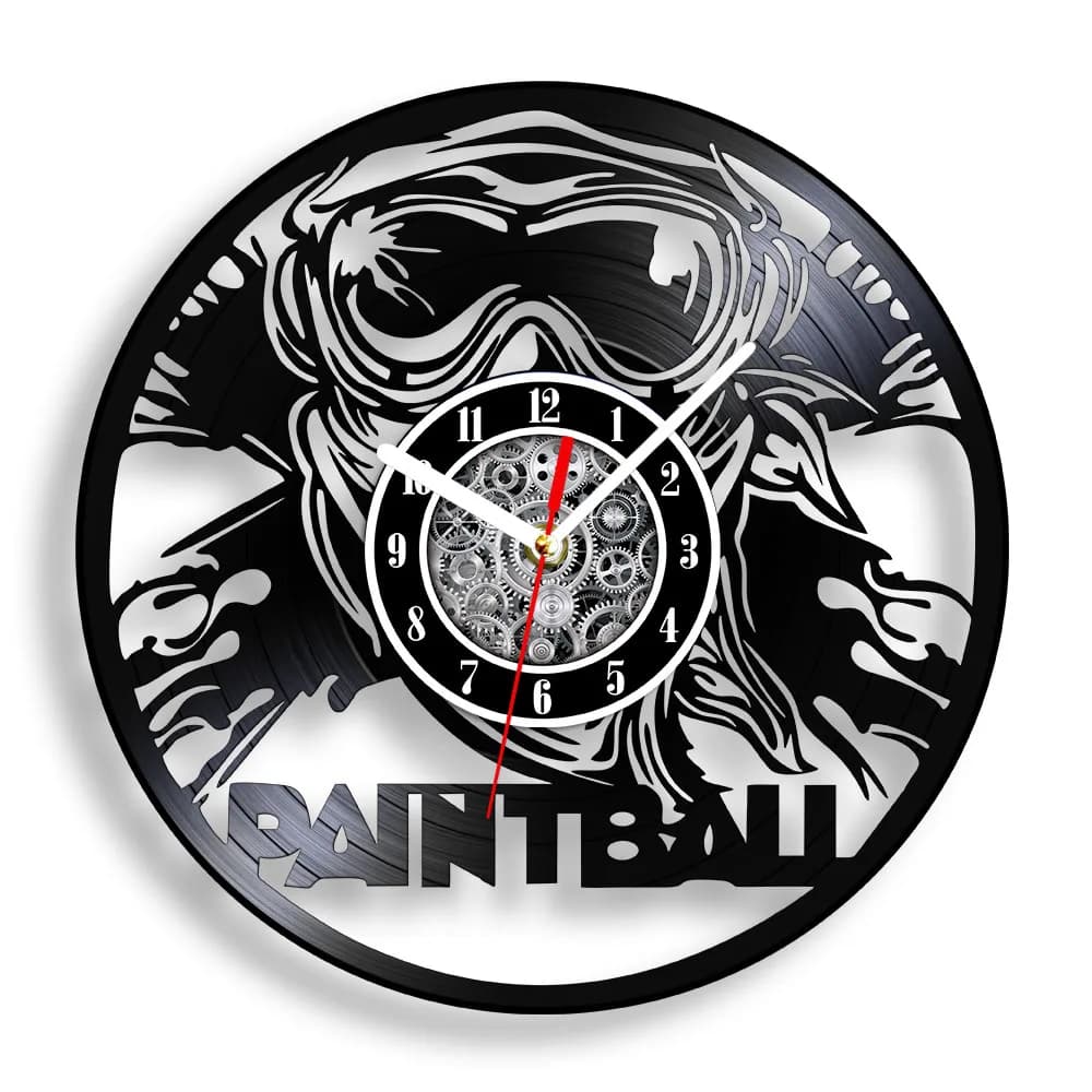 Paintball theme vinyl wall clock for boys' room, handcrafted watch with sports art and sign shooting, gift for paintball fans