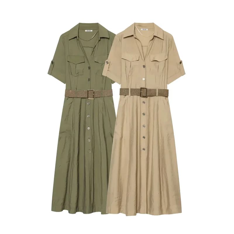 Maxdutti Short Sleeved Belt With Shirt Style Midi Dress For Women Woman Clothes Dress Elegant Party Dresses Vestidos Women's